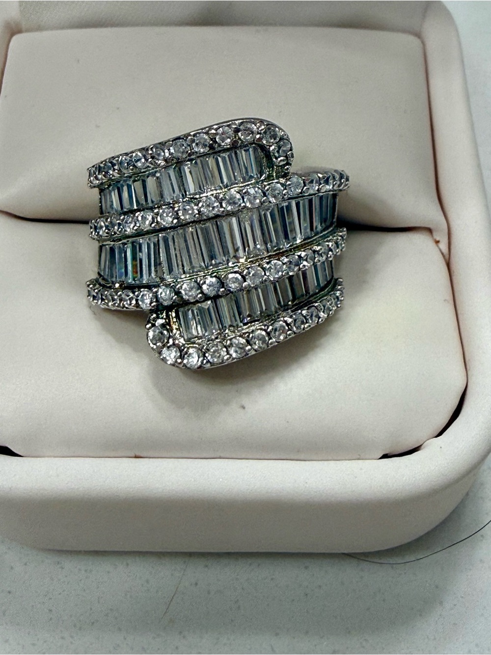 Baguette & Round CZ Waterfall Cocktail Ring, Sterling Silver 925, Sz 5.5